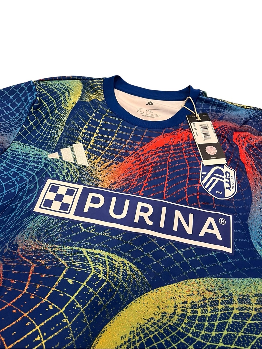 adidas Blue Multicolor Graphic Soccer Jersey with Purina Sponsor
